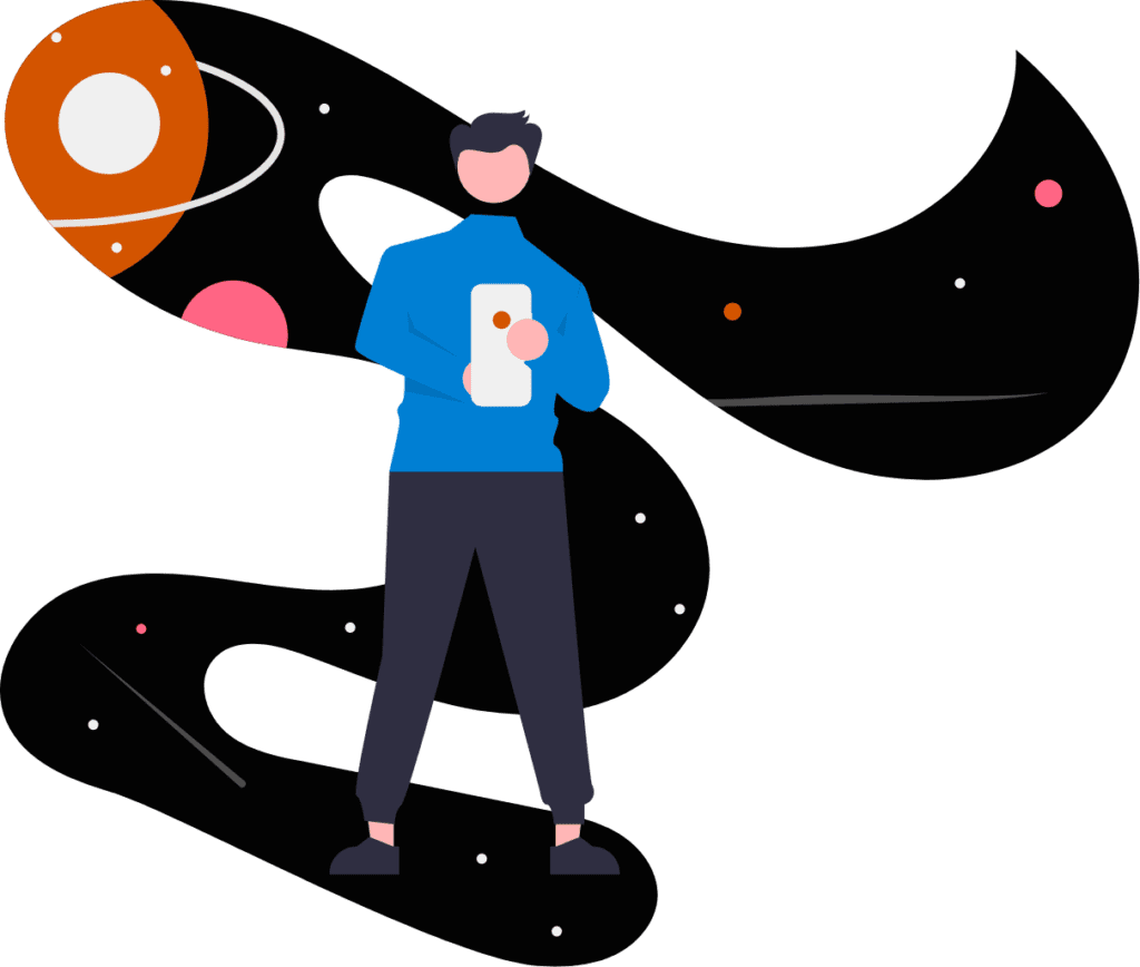 cartoon illustration of person using smartphone with galaxy illustration in the background