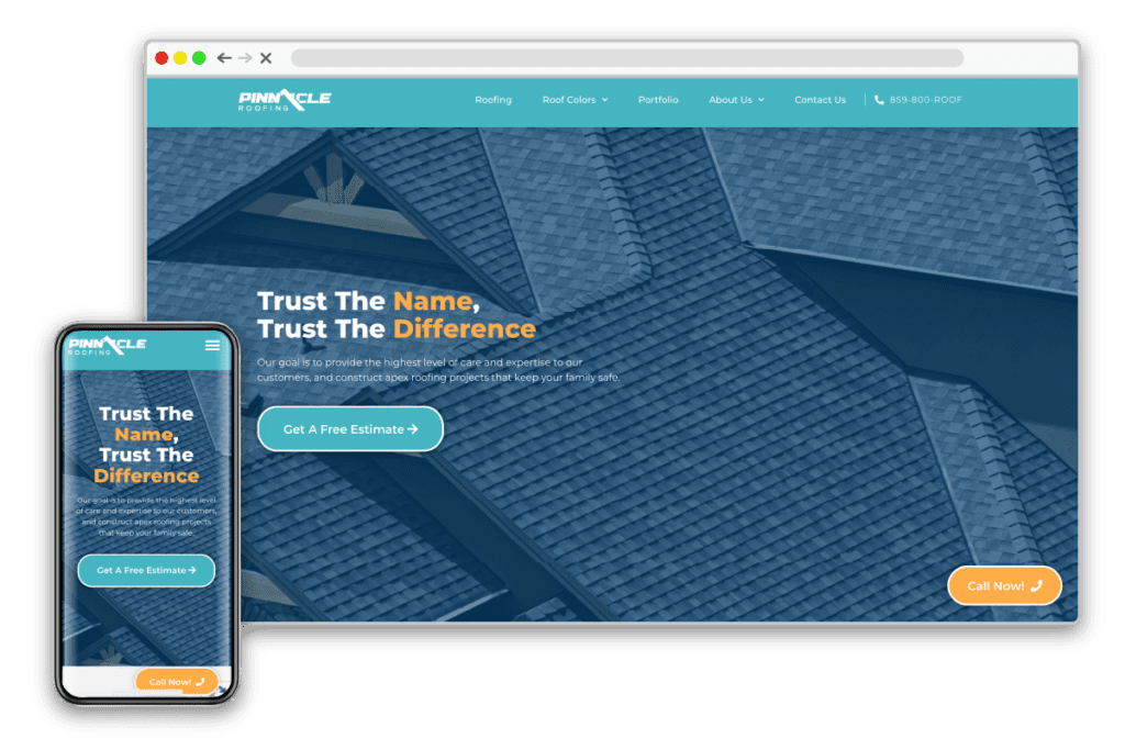 pinnacle roofing site shown in web and mobile